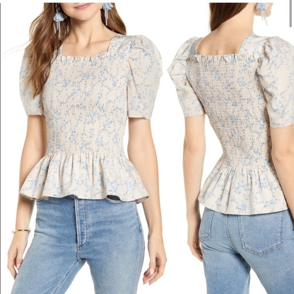 Rachel Parcell Floral Puff Sleeve Smocked Top